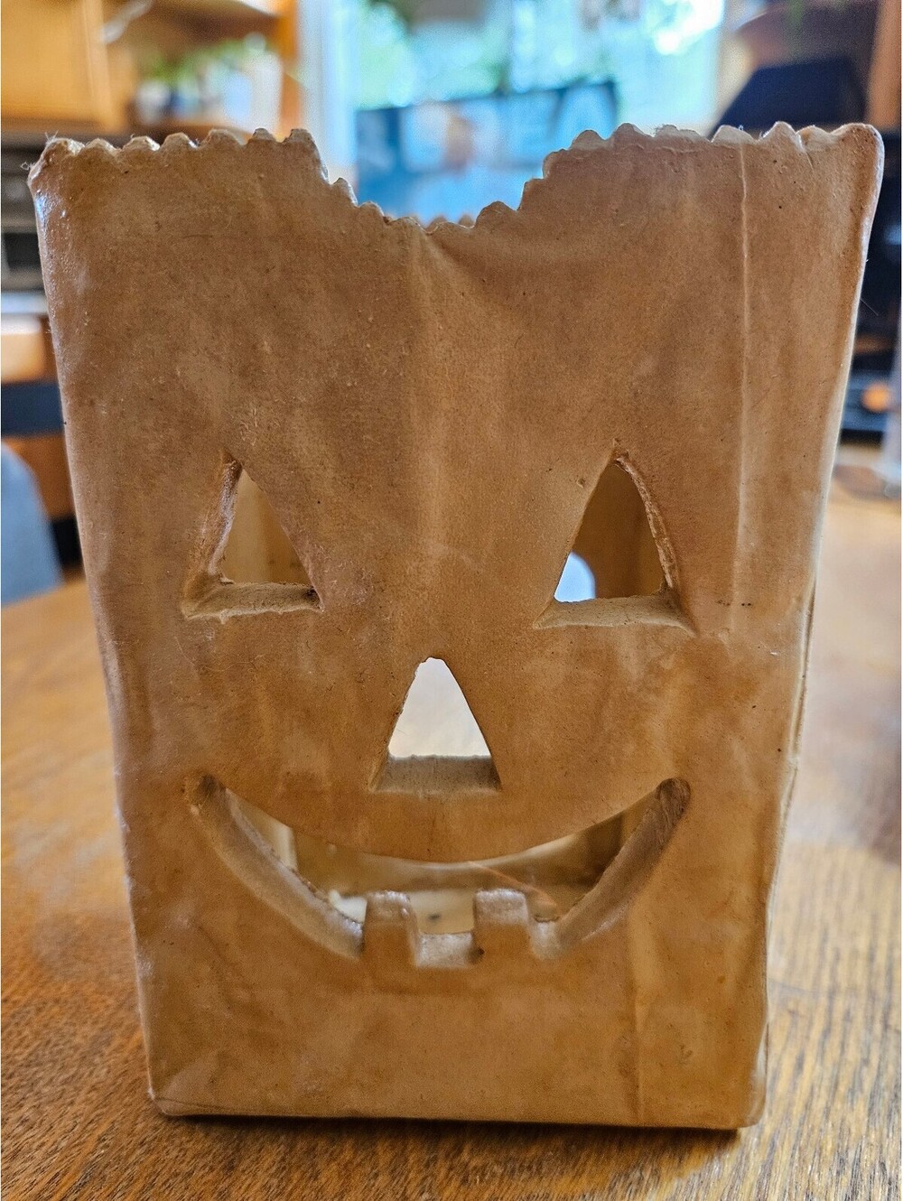 Vintage Ceramic brown paper bag Jack-O-Lantern luminary candle holder